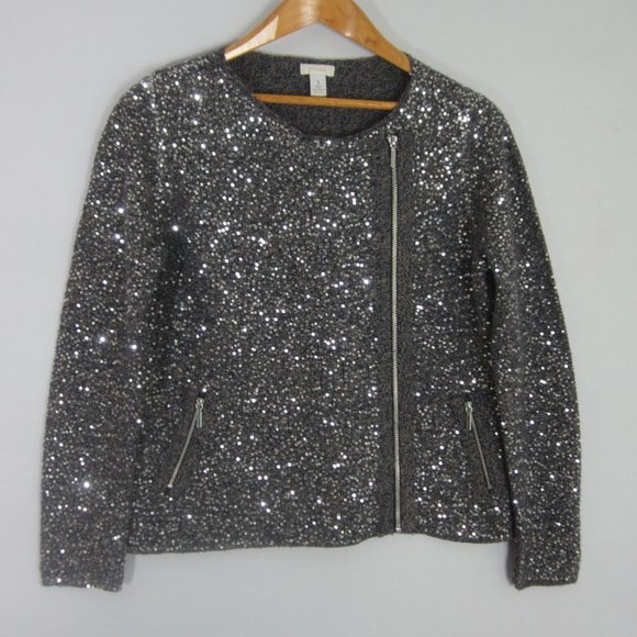 CHICOS 1 Womens Medium Blue Beige LS Silver Sequin Front Zip Wool Blend Sweater - Picture 1 of 11